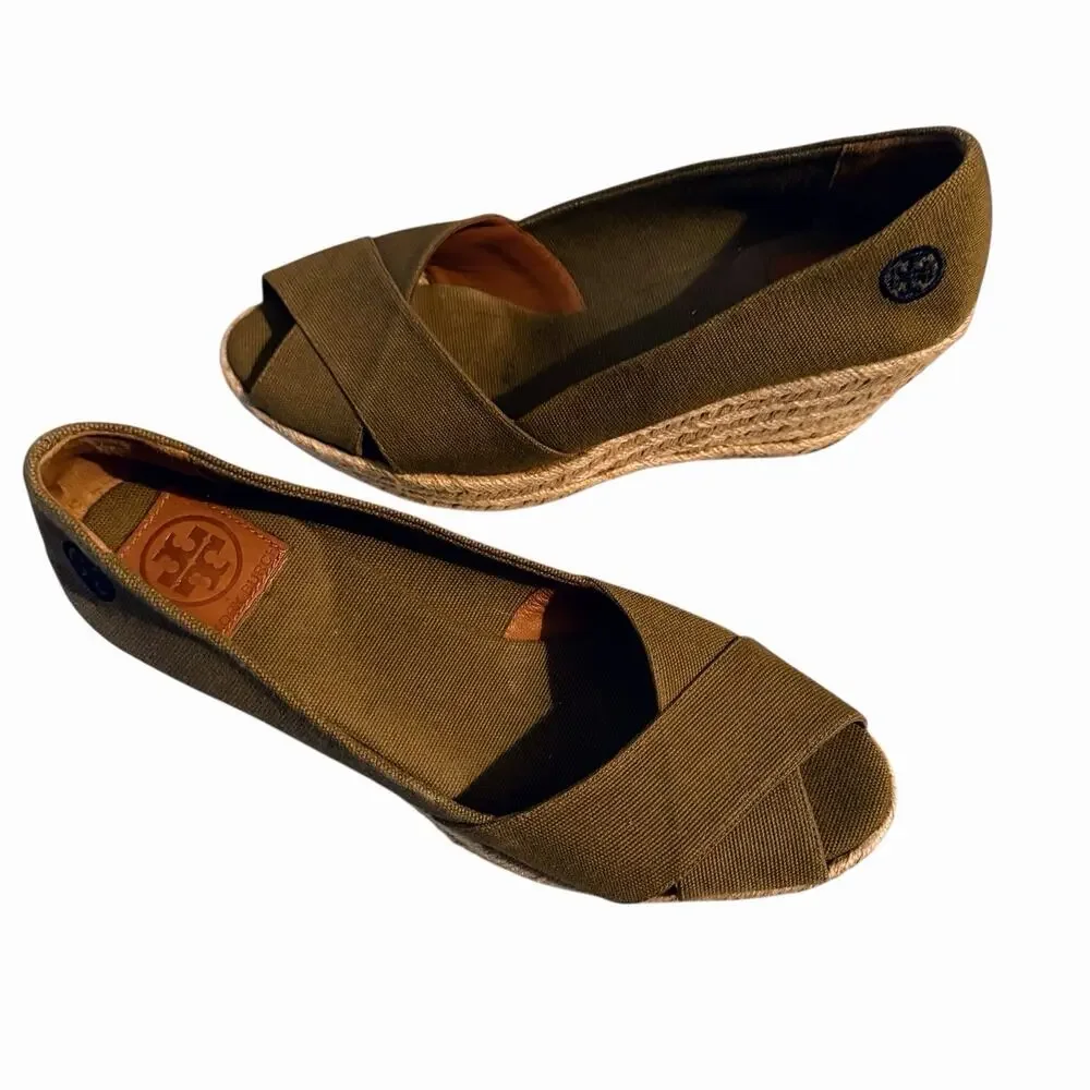 Tory Burch Filipa Criss Cross Espadrille Platform Wedge Olive Canvas‎ Shoes 11 B
